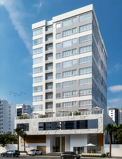 Fachada do Edifício Ilha Bella, torre branca e cinza clara com terraço e embasamento em mármore