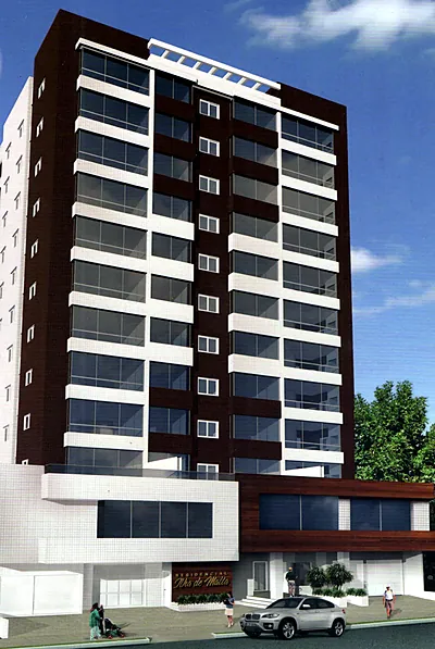 Fachada do Residencial Ilha de Malta, torre em marrom e branco com sacadas de vidro