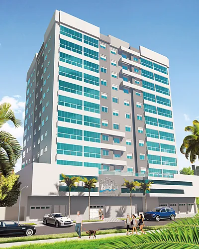 Fachada do Residencial Ilha de Manhattan, com sacadas de vidro verde água e palmeiras
