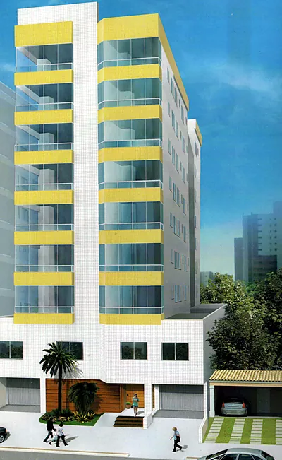 Fachada do Residencial Ilha dos Corais, torre branca com sacadas amarelas