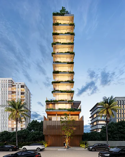 Perspectiva do Residencial San Vitto ao entardecer, torre com floreiras em cada andar